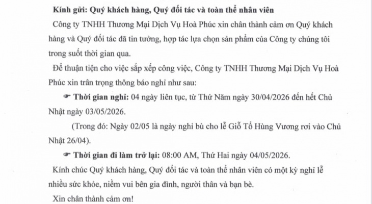 THÔNG BÁO LỊCH NGHỈ LỄ GIỖ TỔ HÙNG VƯƠNG, GIẢI PHÓNG MIỀN NAM 30/04 VÀ QUỐC TẾ LAO ĐỘNG 01/05 NĂM 2026 
